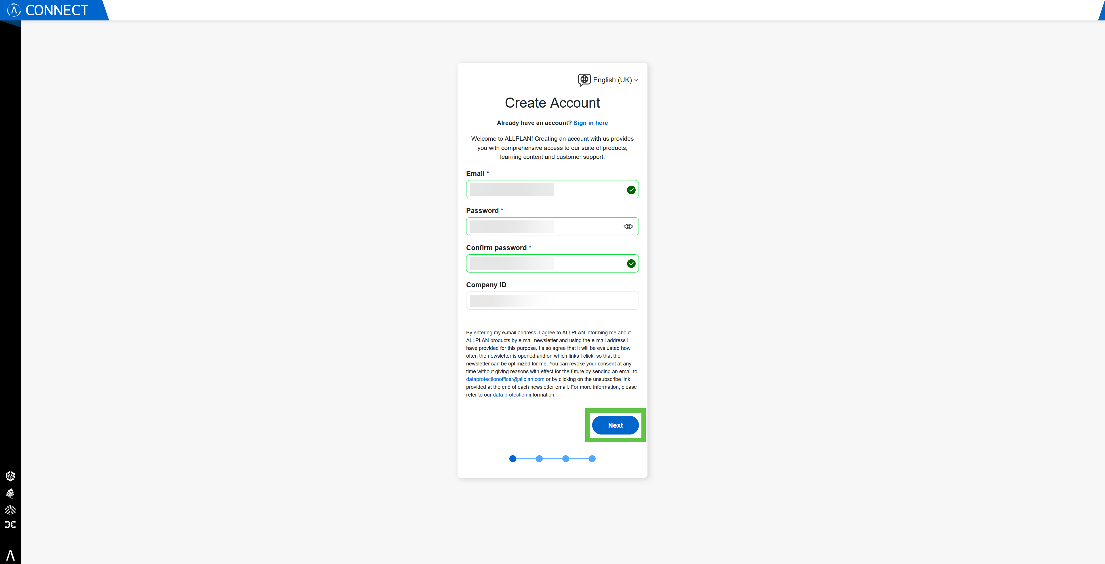 Campos de criação da conta CONNECT
