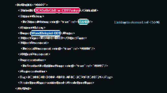 Trecho XML de uma parede IFC com atributos e referências.